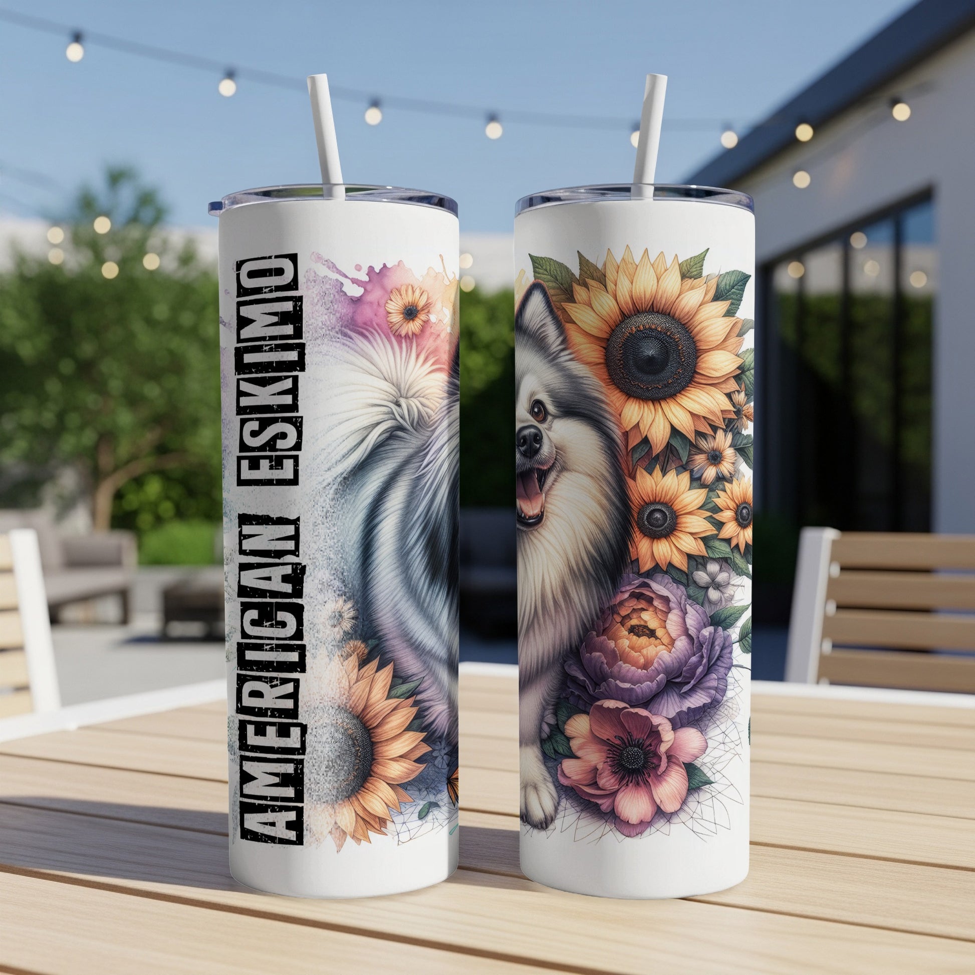 Two tumblers with American Eskimo dog art and sunflowers.