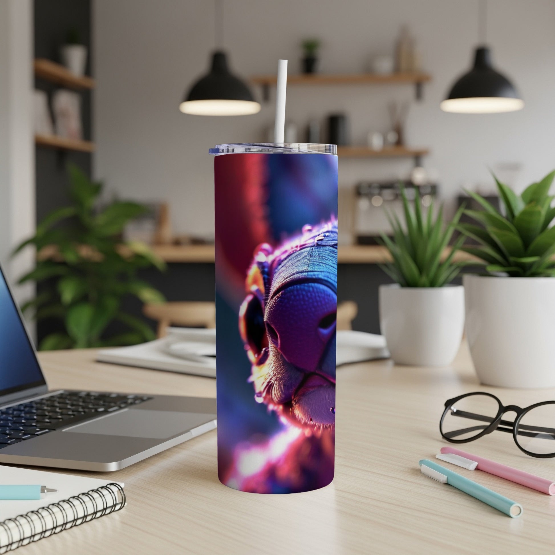 Close-up of a stylized llama face on a blue and pink insulated tumbler.