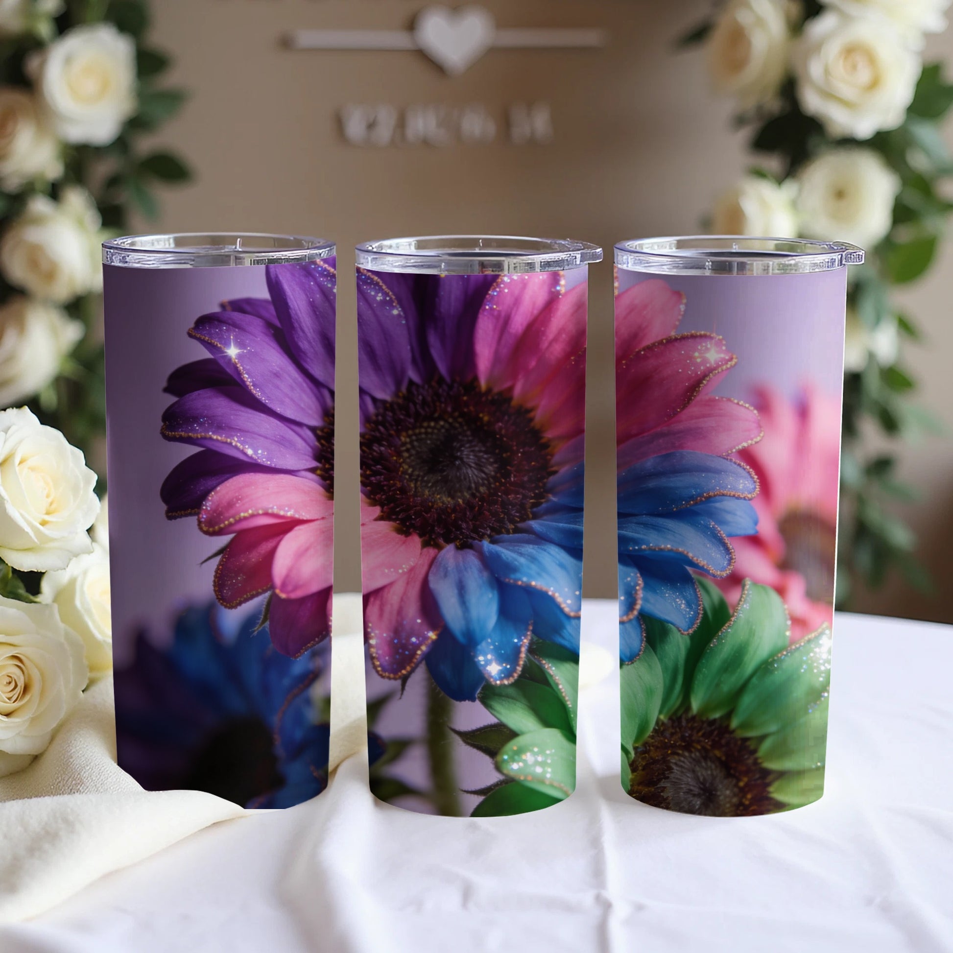 Colorful Glittered Daisy Print Insulated Tumbler