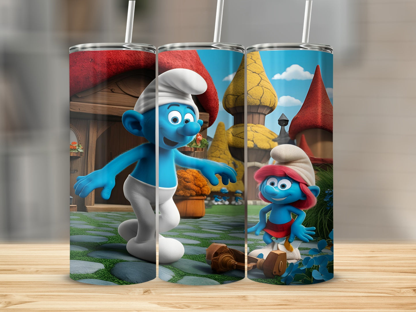 Smurf and Smurfette on cobblestone path with mushroom houses.