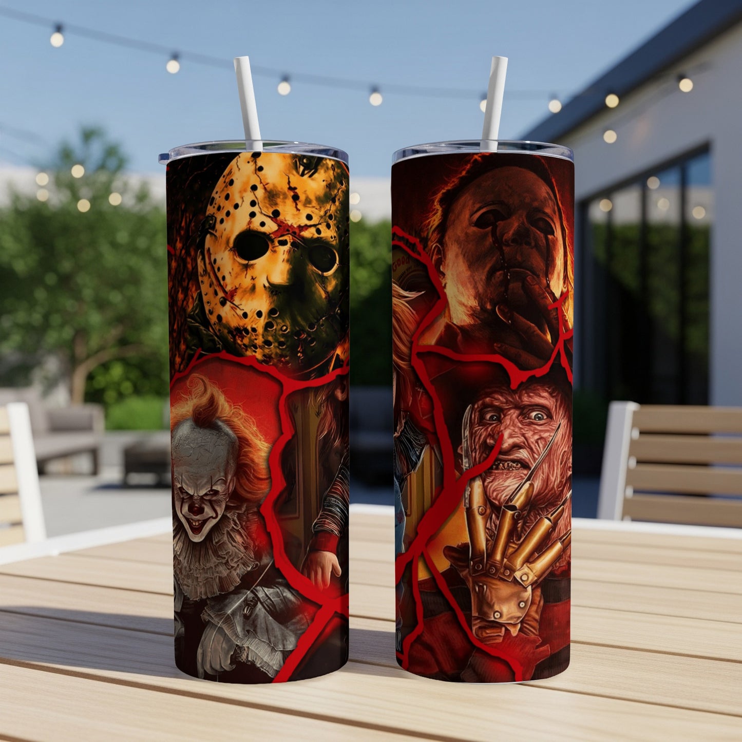 Two tumblers featuring horror icons Jason, Pennywise, Michael Myers, and Freddy Krueger.