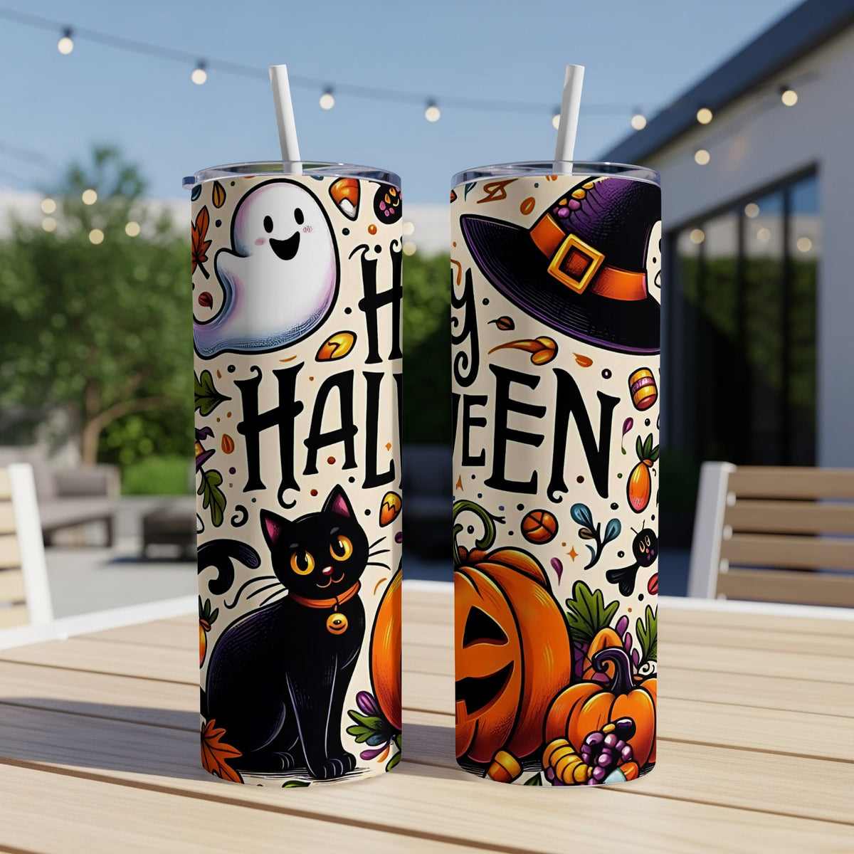Two Halloween-themed tumblers with a black cat, ghost, witch hat, and pumpkins.