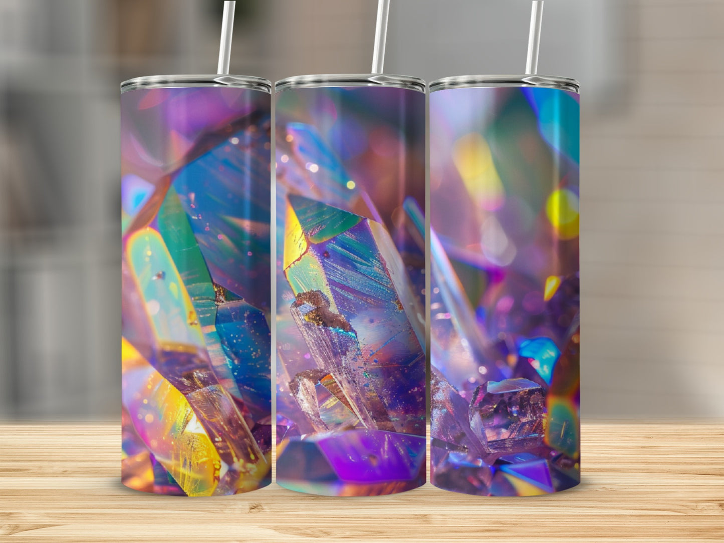 Three tumblers featuring iridescent crystal and quartz patterns.
