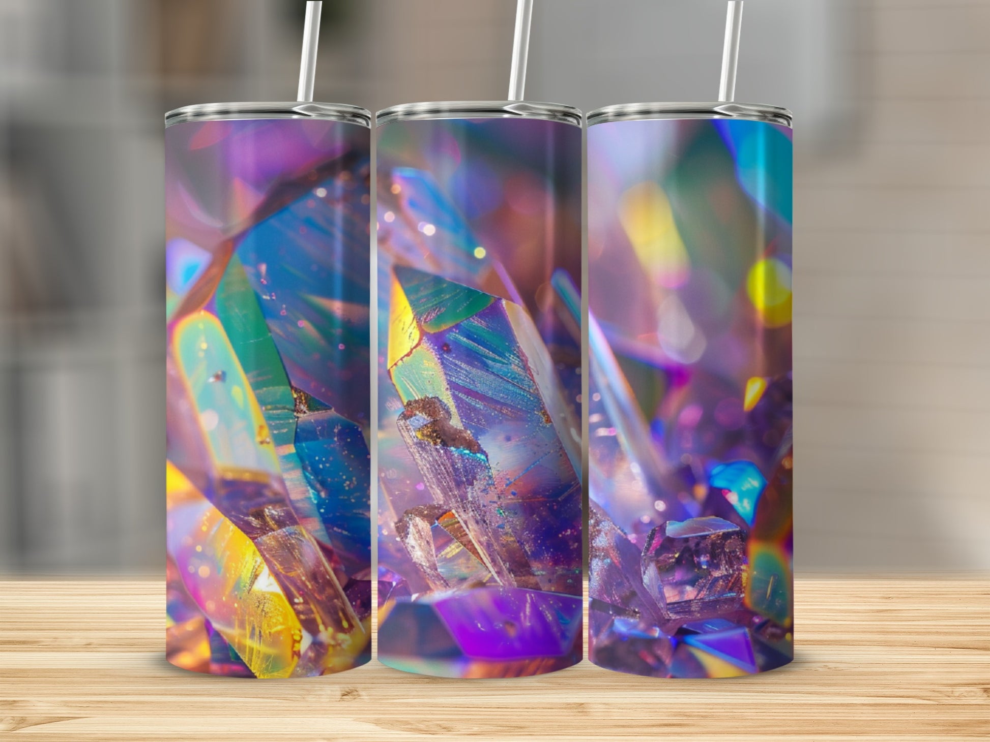 Three tumblers featuring iridescent crystal and quartz patterns.