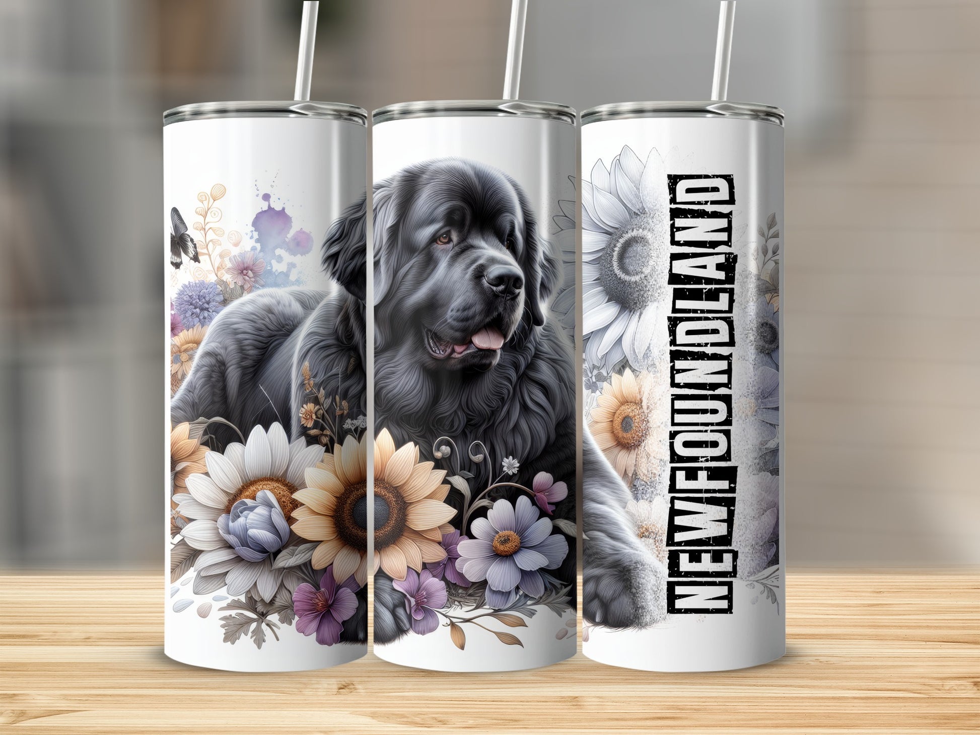Newfoundland dog with flowers and "Newfoundland" text on three tumblers.