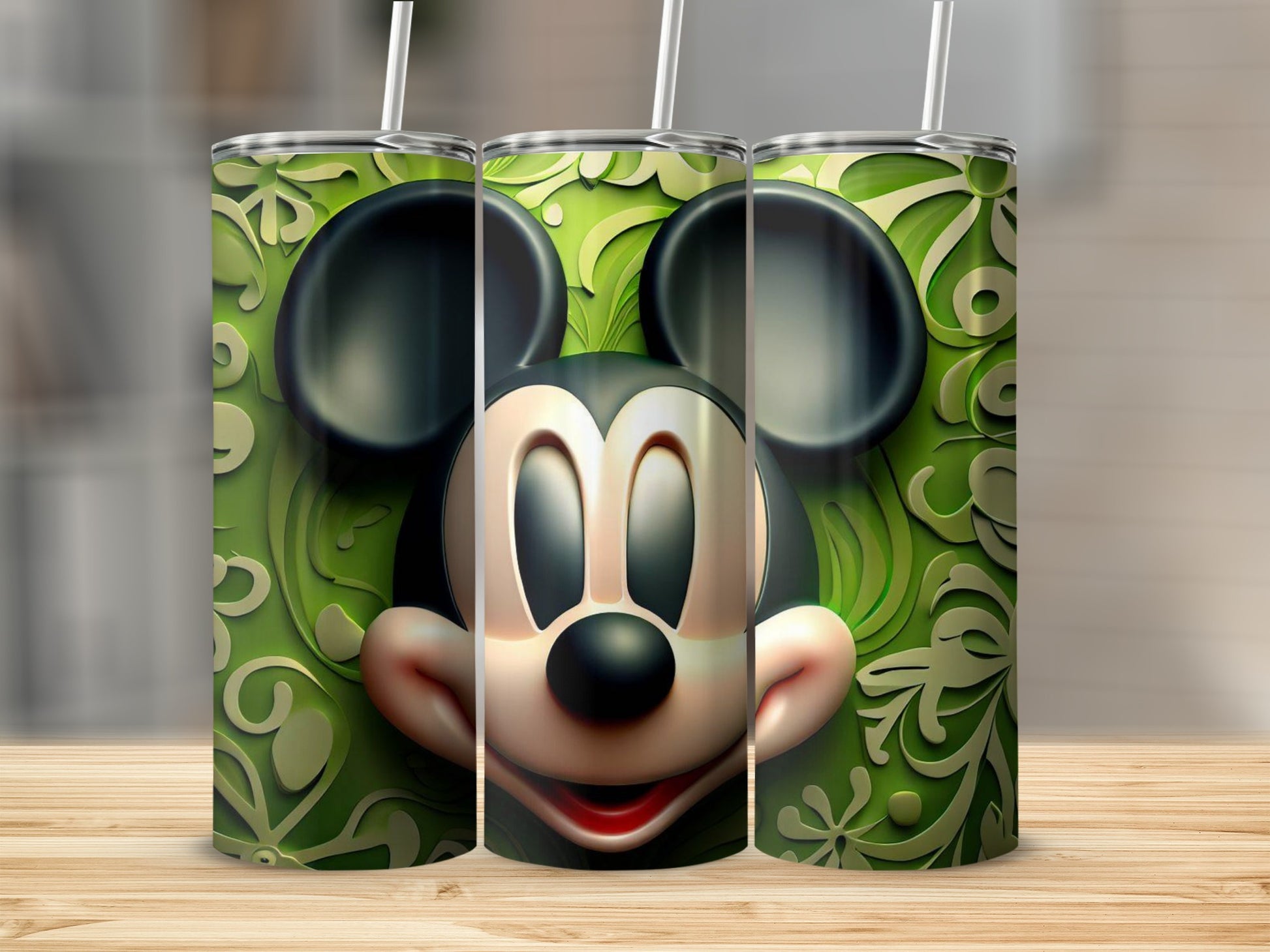Green Floral Mickey Mouse Tumbler with Straws product