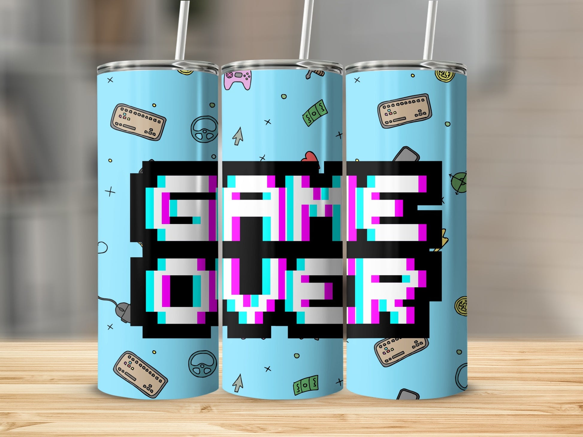 Game Over Themed Tumbler with Retro Gaming Icons