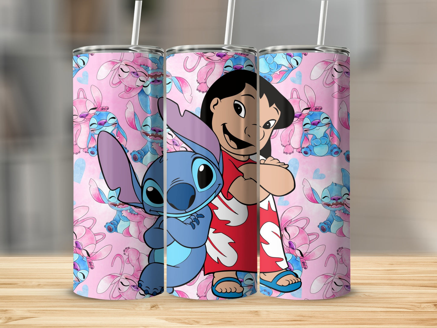 Cute Lilo and Stitch Tumbler with Pink Background