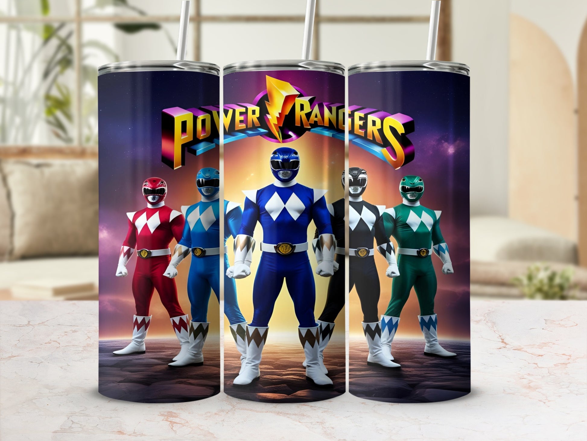 Power Rangers five rangers in full costume stand in formation with their logo above.