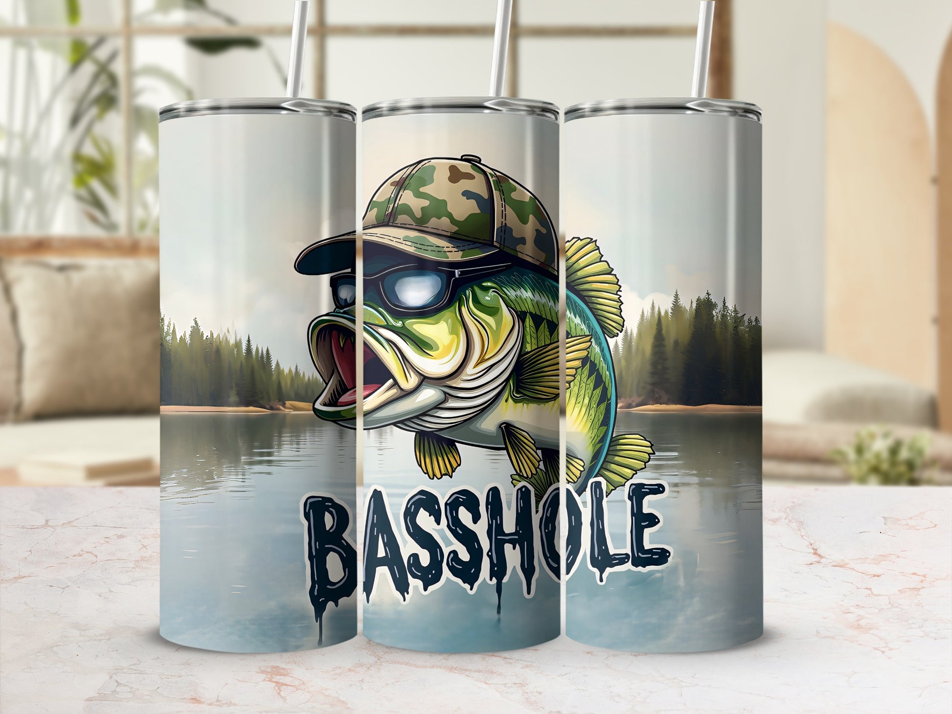 Bass fish wearing sunglasses and a camouflage hat on a skinny tumbler.