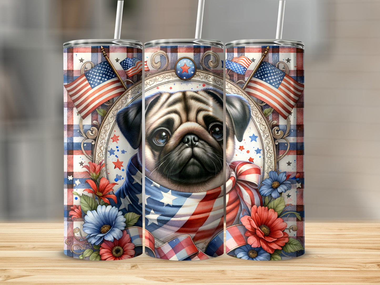 Pug with American flags and patriotic flowers on a plaid background.