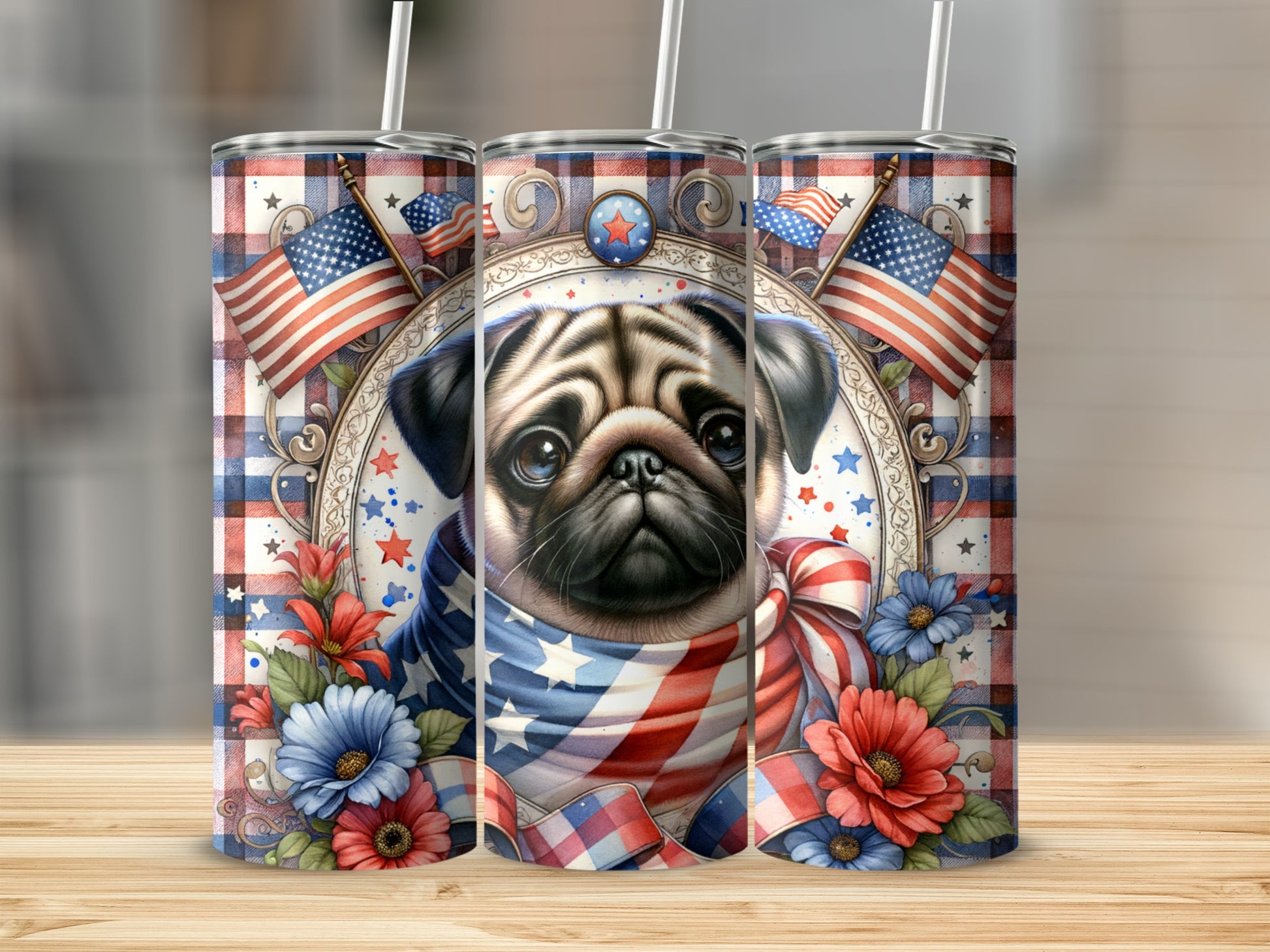Pug with American flags and patriotic flowers on a plaid background.