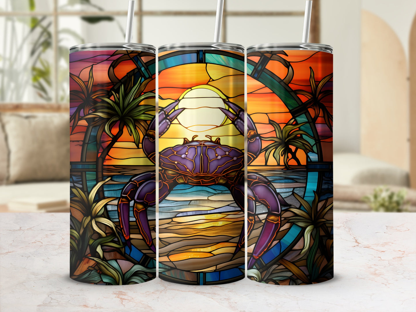 Crab, sunset, and palm trees on three stained glass style tumblers.
