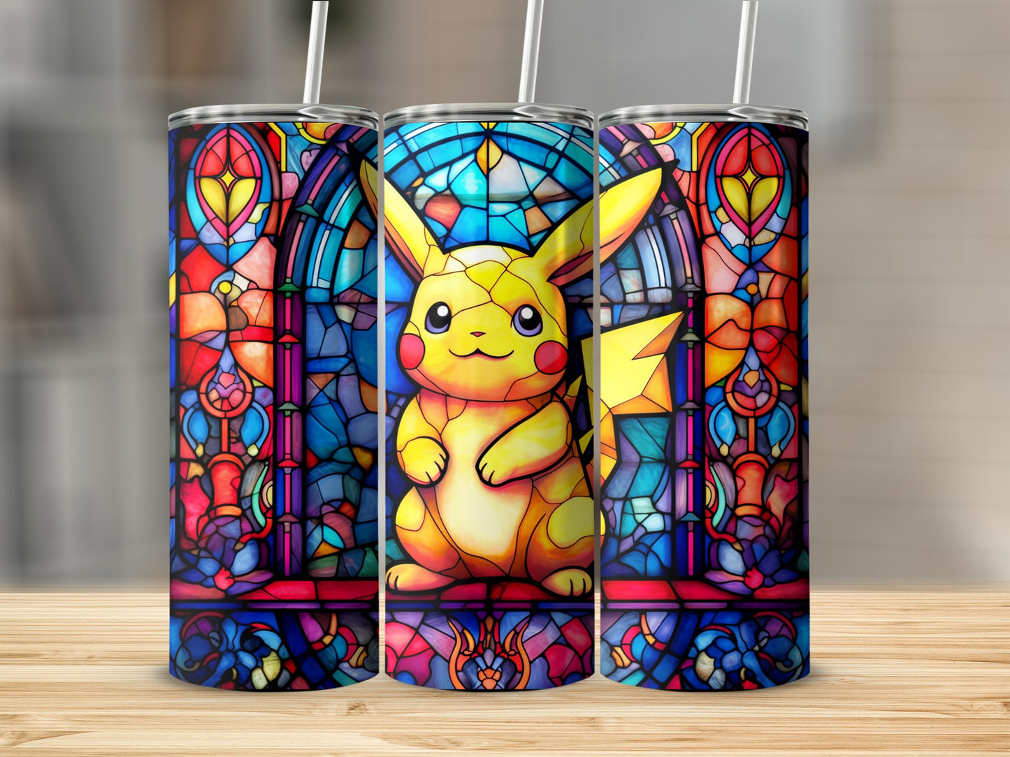 Vibrant Stained Glass Style Pikachu Tumbler Cup Design