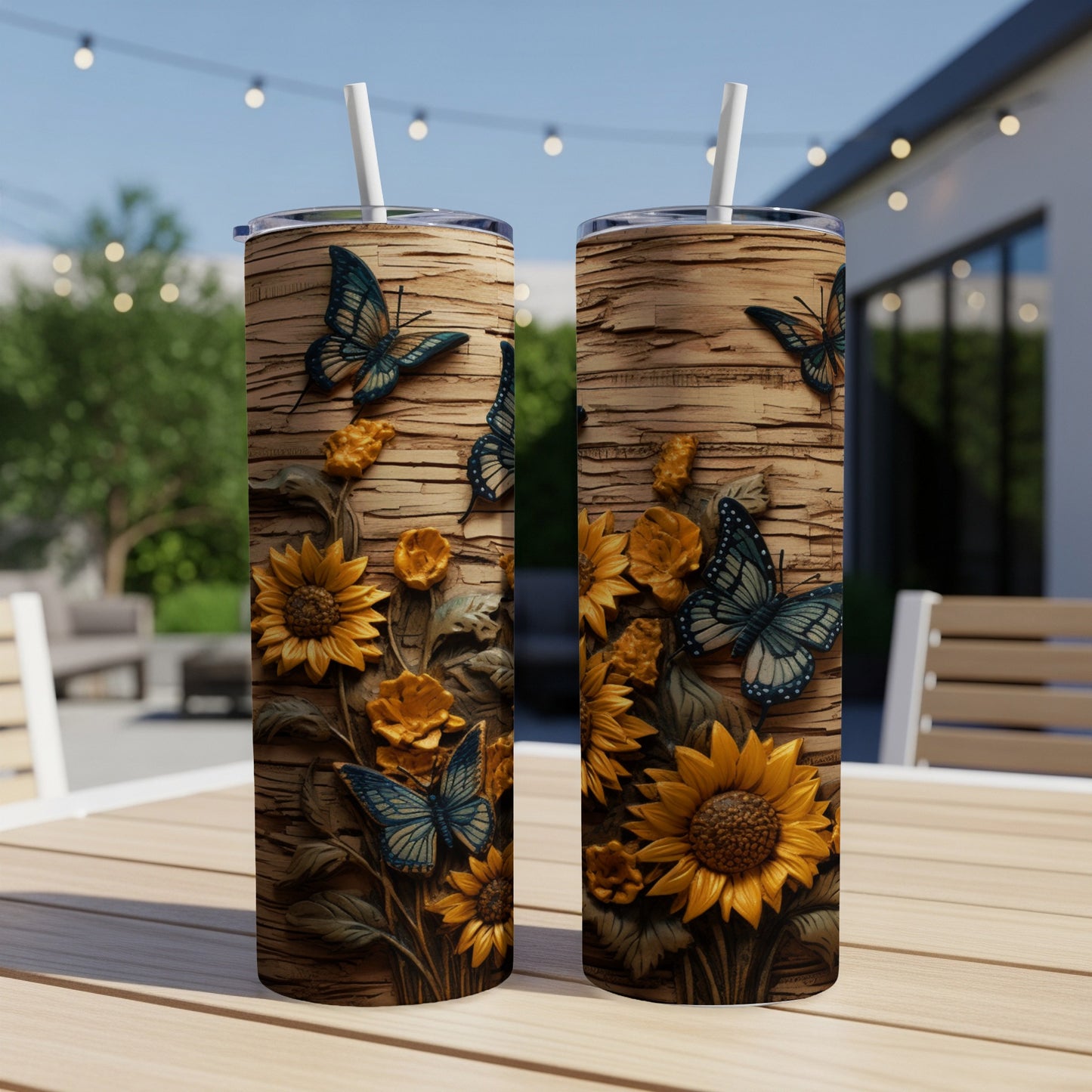 Two tumblers with sunflowers and butterflies on a wooden background.