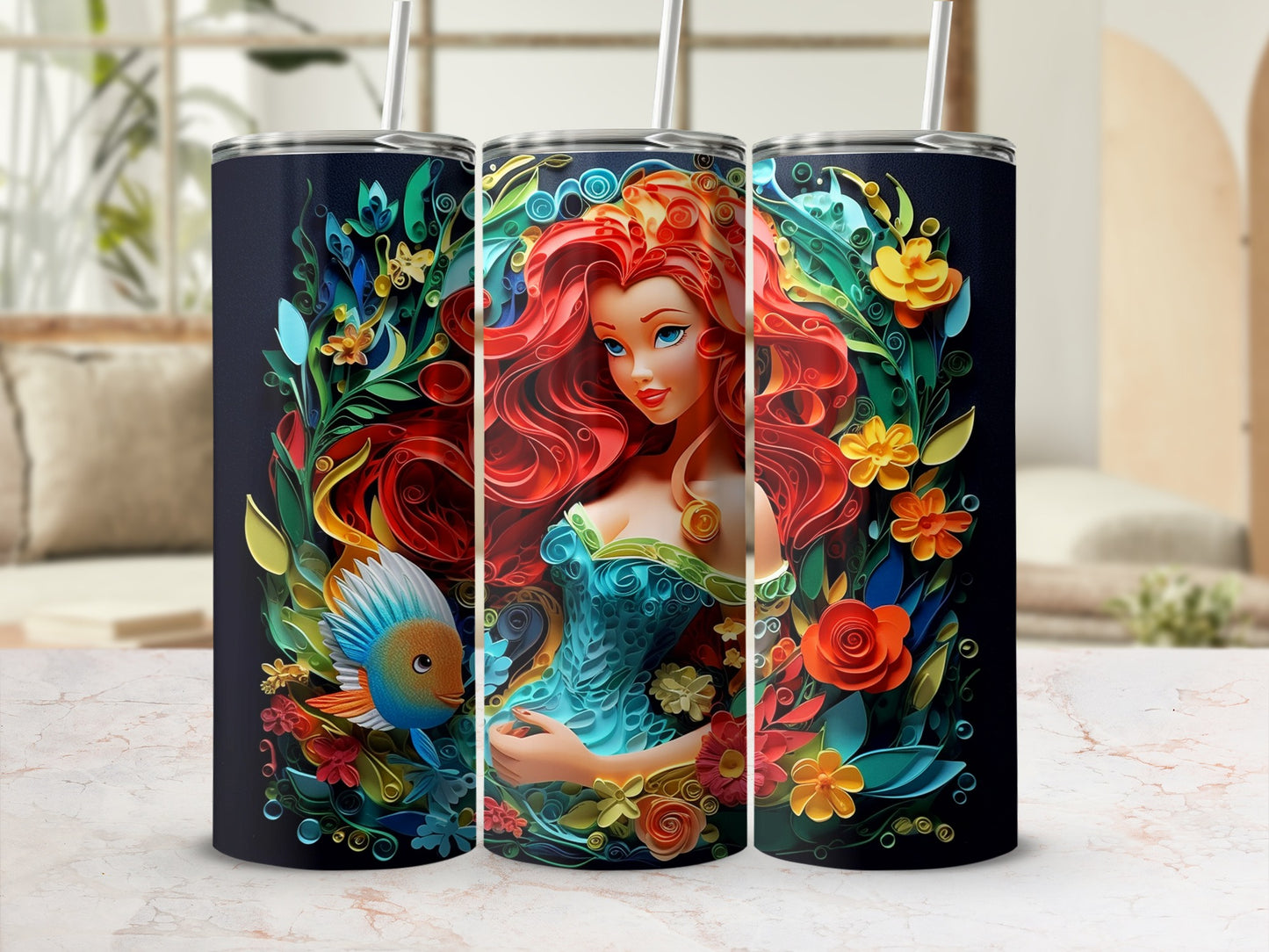 Mermaid and Fish Floral Fantasy Tumbler Design
