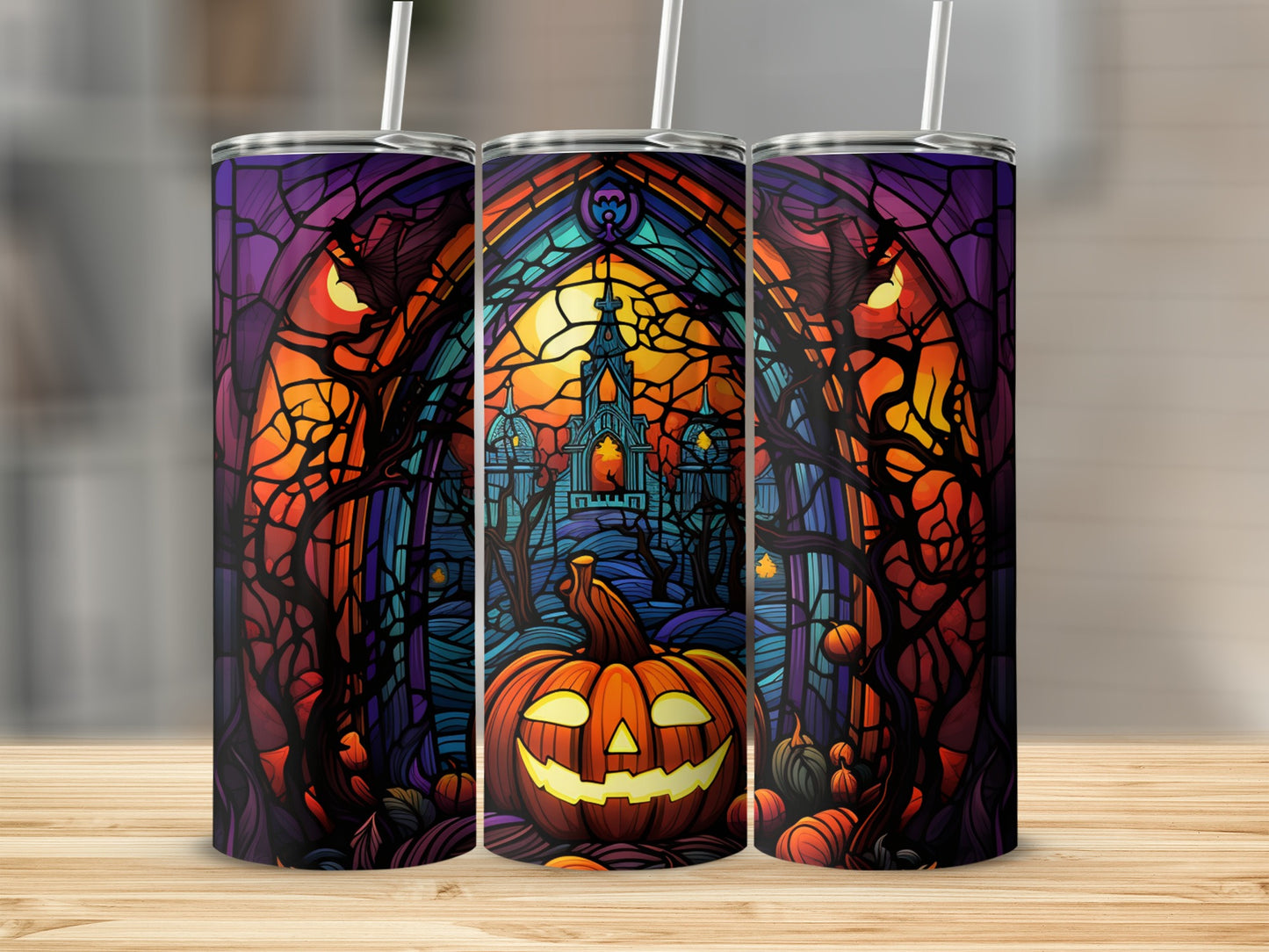Halloween tumbler with spooky castle and jack-o'-lantern artwork.