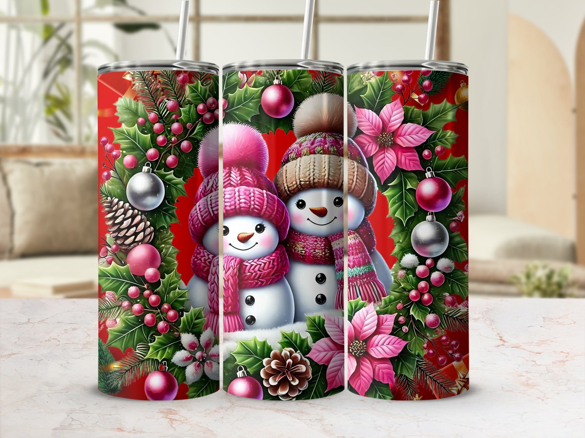 Festive Snowman and Holiday Wreath Design Tumbler