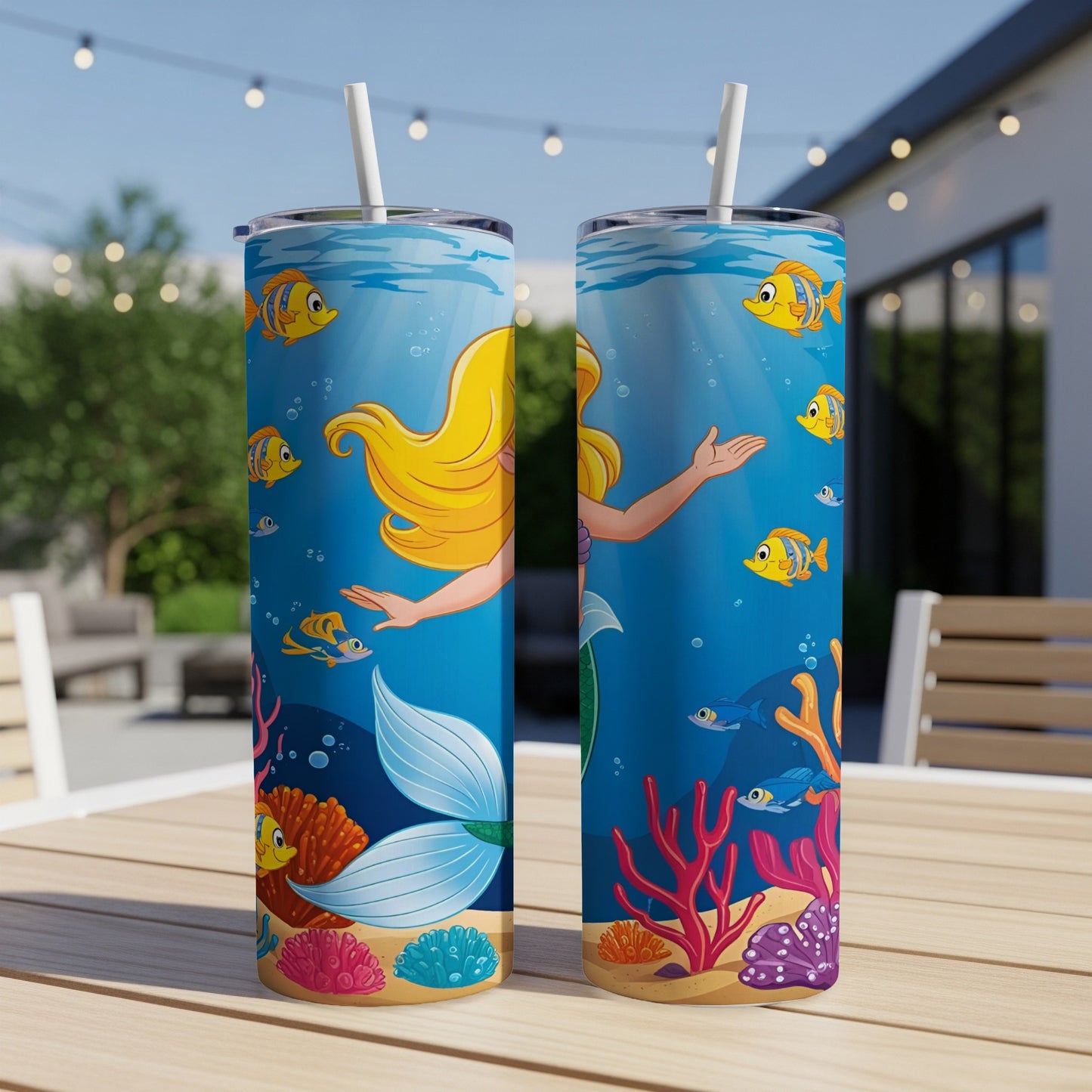 Two tumblers with mermaid and underwater scene.