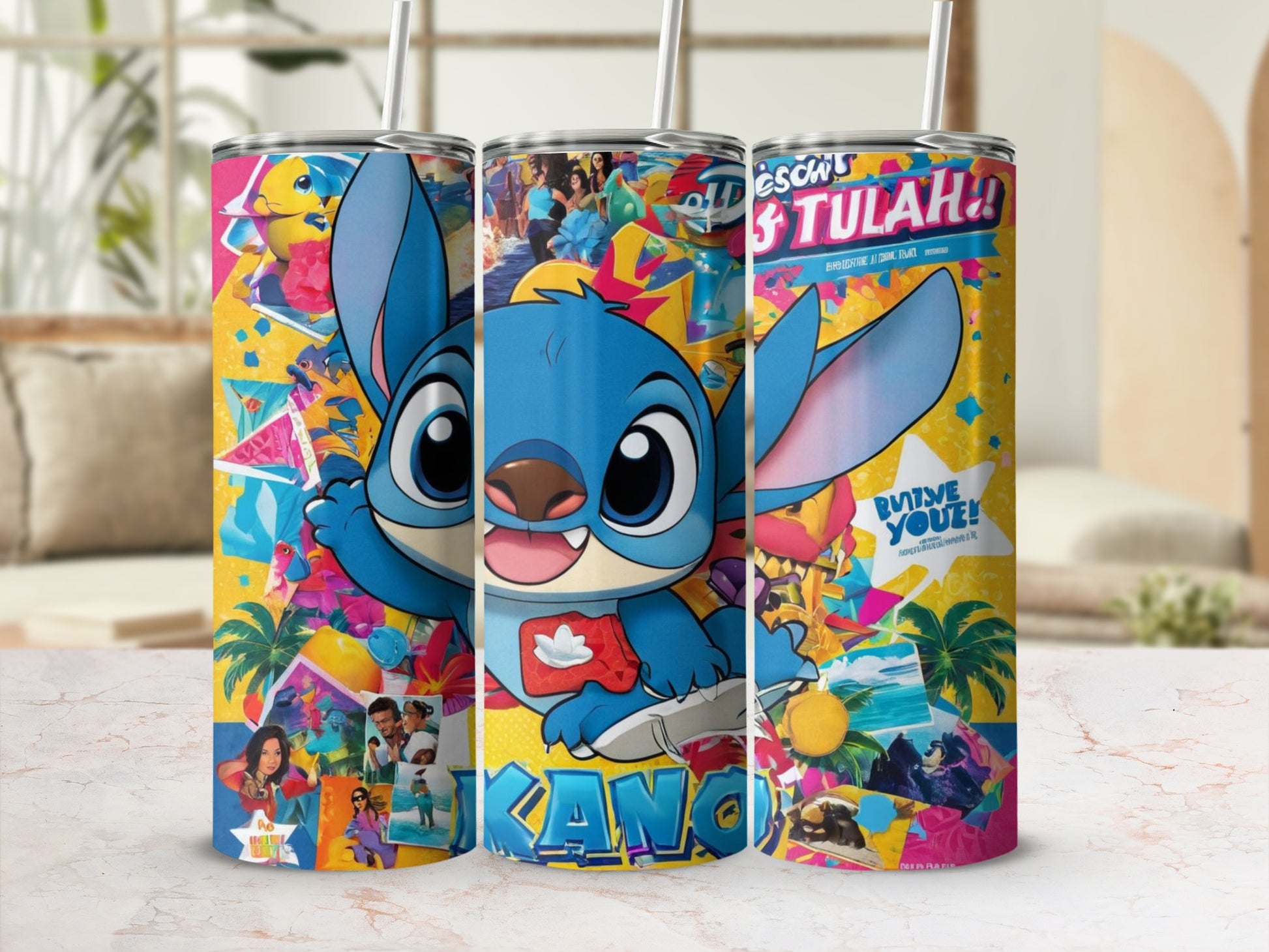 Stitch character on a colorful tumbler with tropical and character scene graphics.