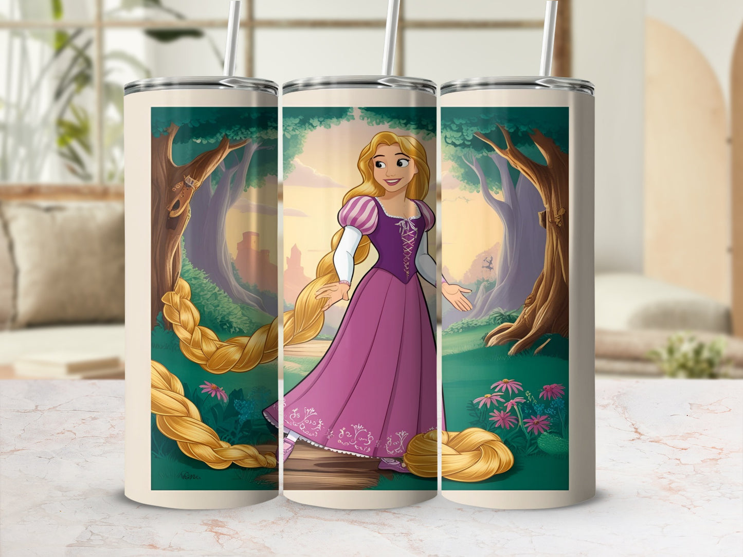Rapunzel from Tangled in a purple dress with her long blonde braid.