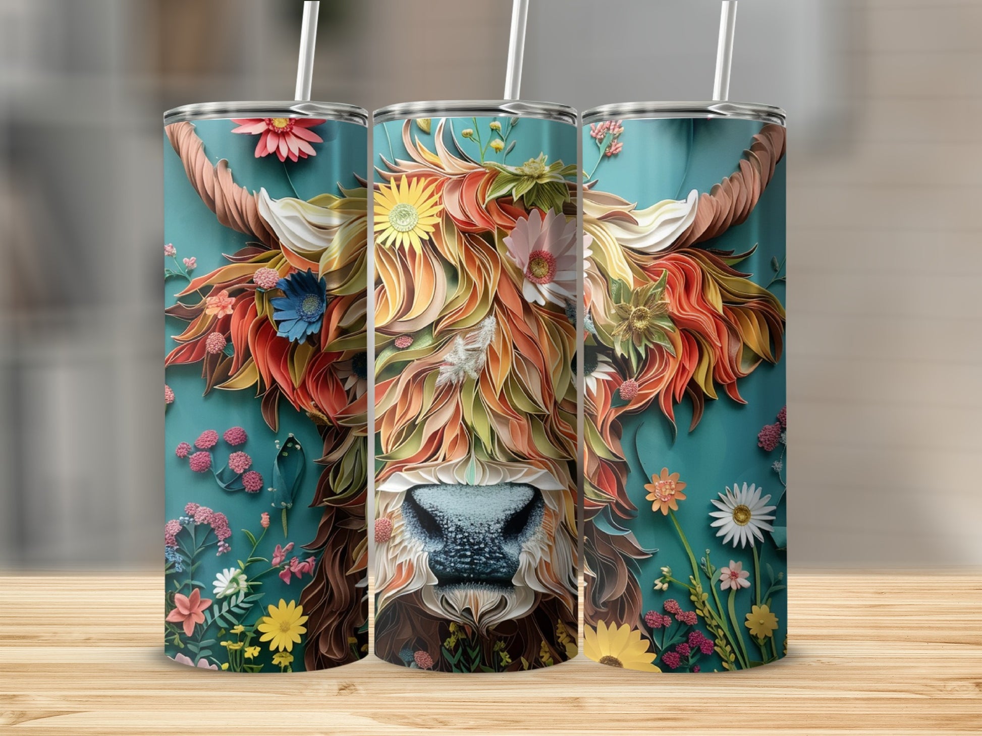 Floral highland cow with colorful flowers on teal background.