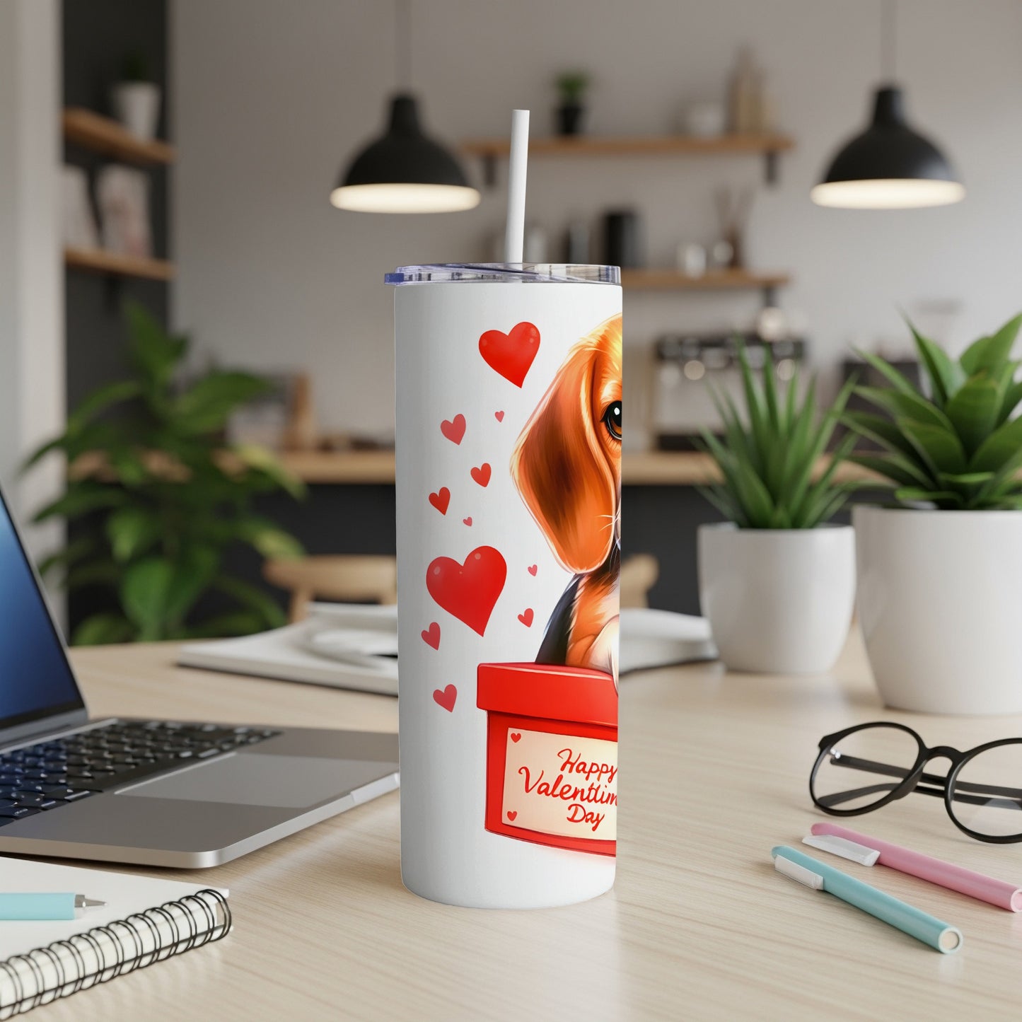 White tumbler with beagle and "Happy Valentine's Day" text.