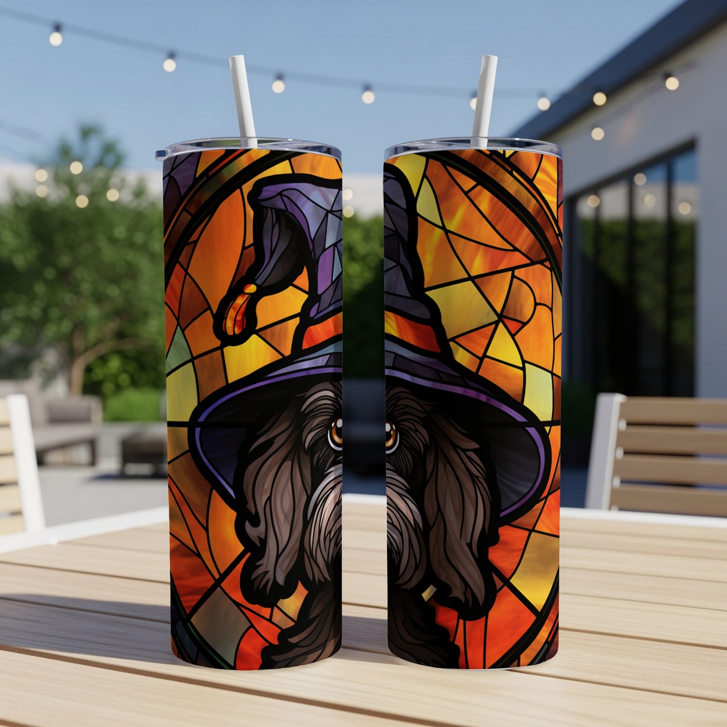 Dog in witch hat, stained glass design on two tumblers.