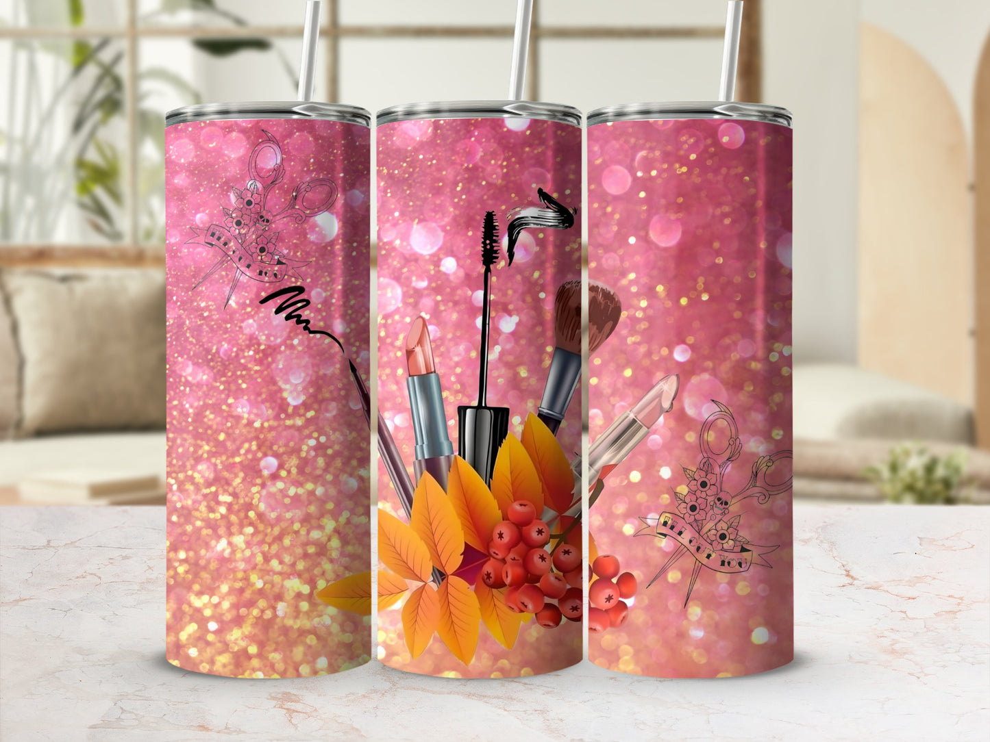 Sparkling Makeup Design Tumbler for Beauty Fans