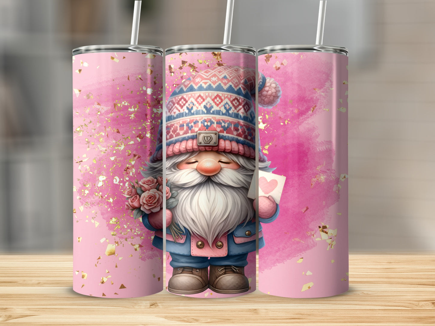 Cute Valentine's Day Gnome Tumbler with Floral Design