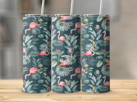 Three tumblers with a flamingo and tropical leaf pattern on a wooden surface.