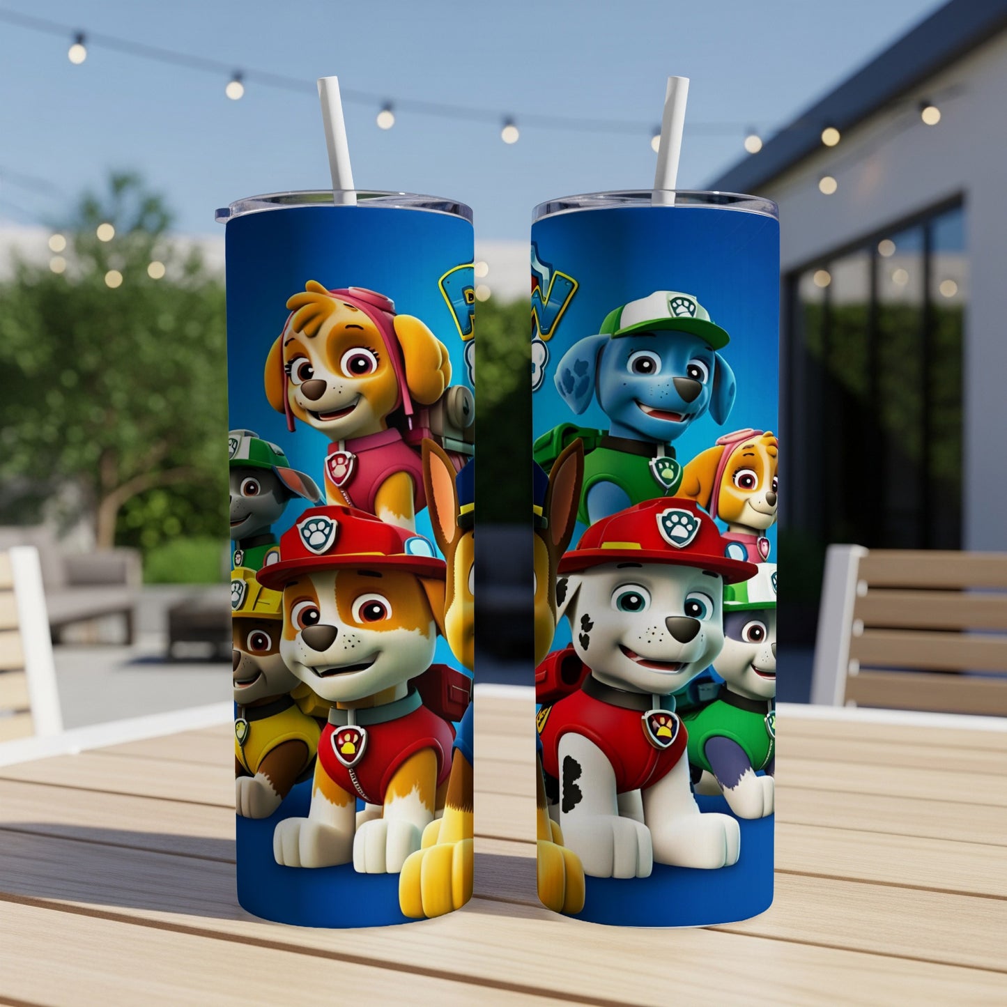 Paw Patrol characters Skye and Chase on blue tumblers with straws.