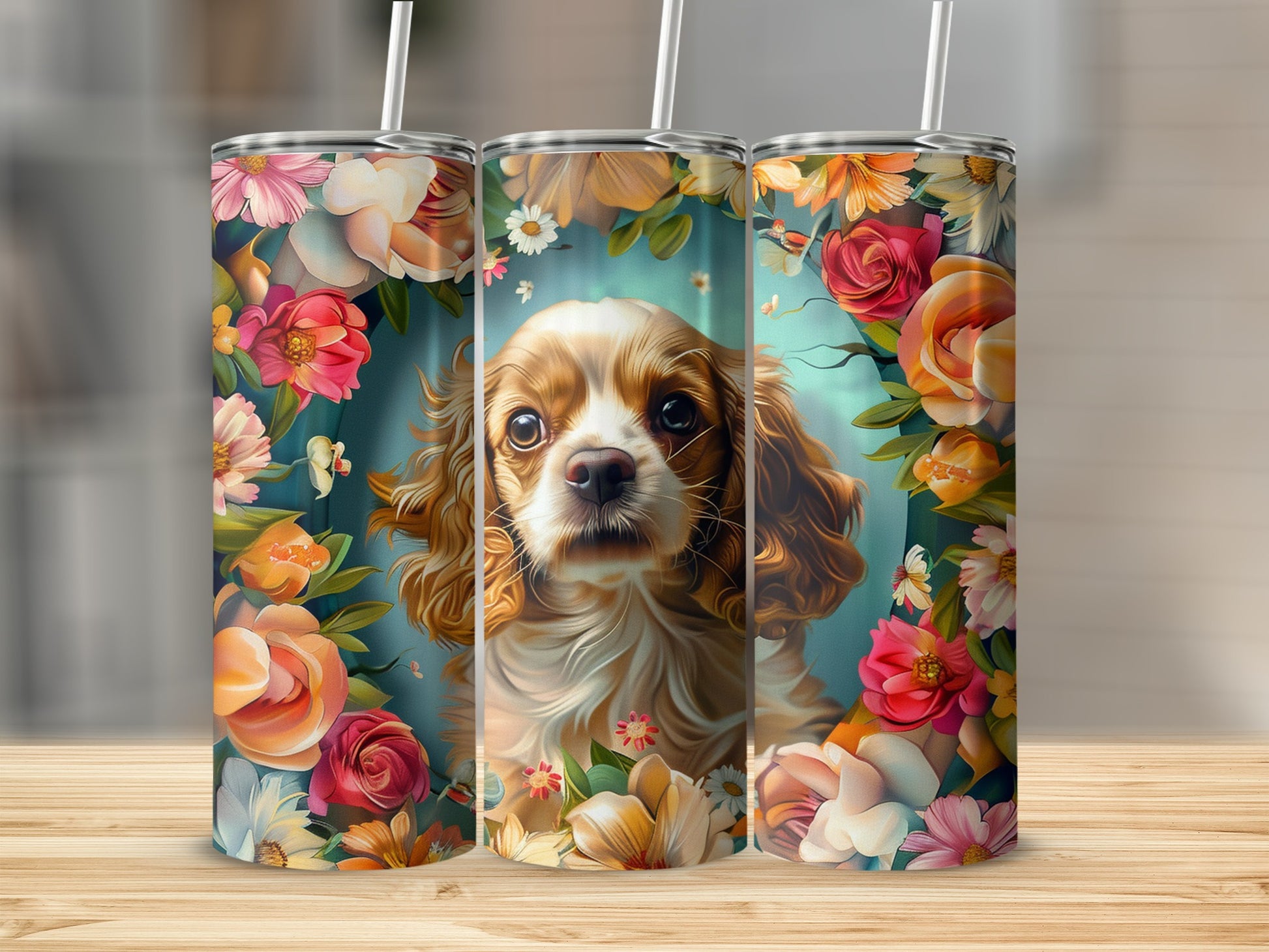 Three tumblers with Cavalier King Charles Spaniel puppies and floral designs.