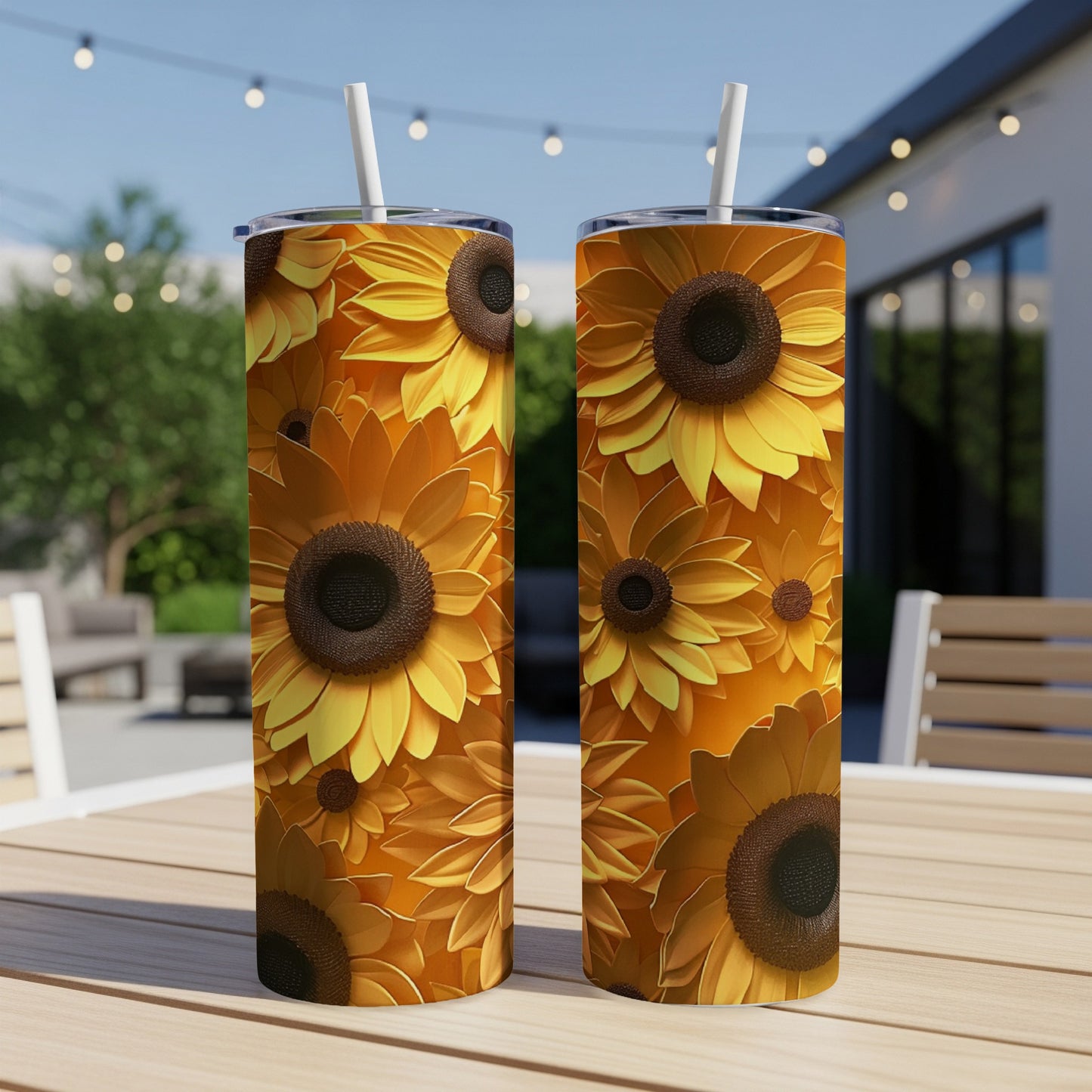 Two tall tumblers with a repeating sunflower pattern sit on a wooden table.