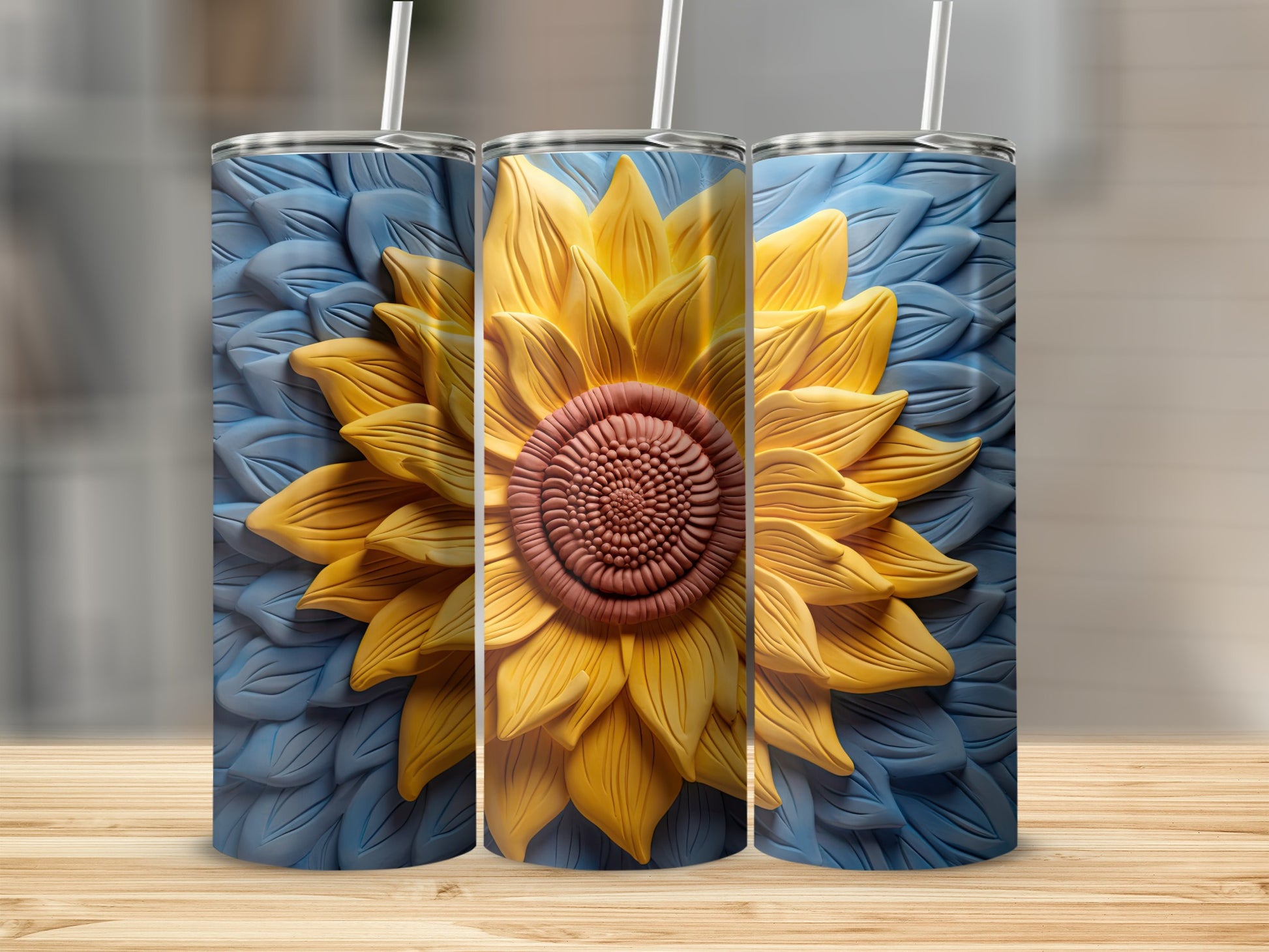 Three sunflowers with textured petals on blue backgrounds.