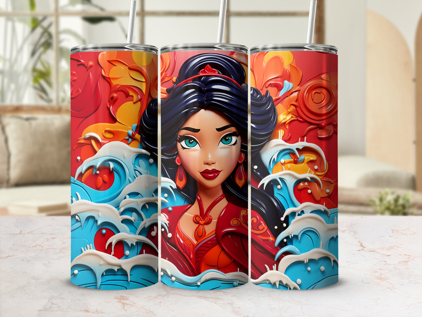 Vibrant Ocean Waves and Female Portrait Design Tumbler