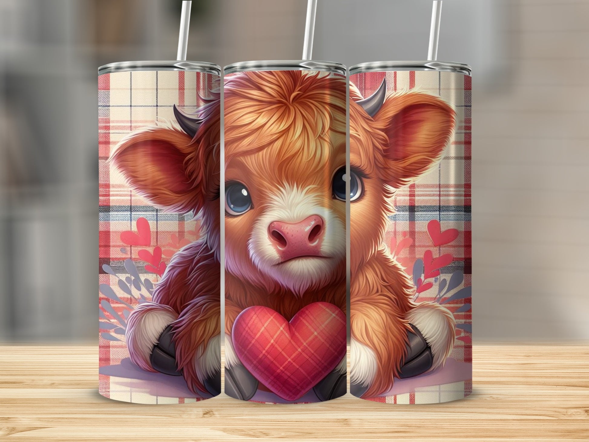Adorable Baby Cow with Plaid Heart Tumbler Cup