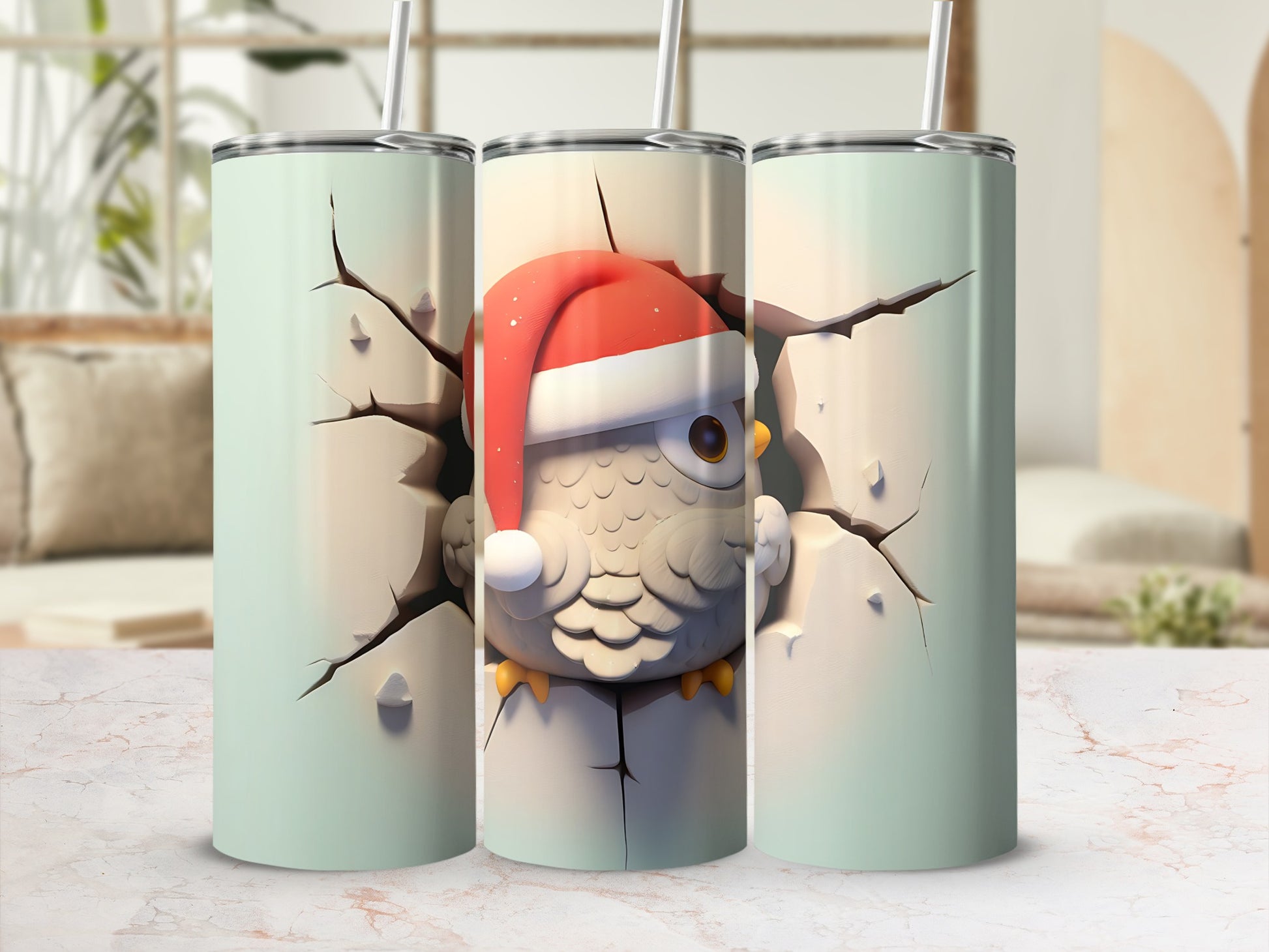 Cracked eggshell reveals a festive owl wearing a Santa hat.