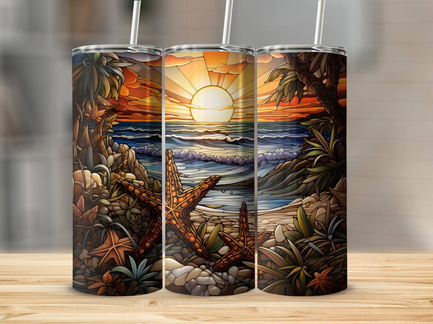 Three tumblers with sunset beach scene, featuring palm trees and starfish.