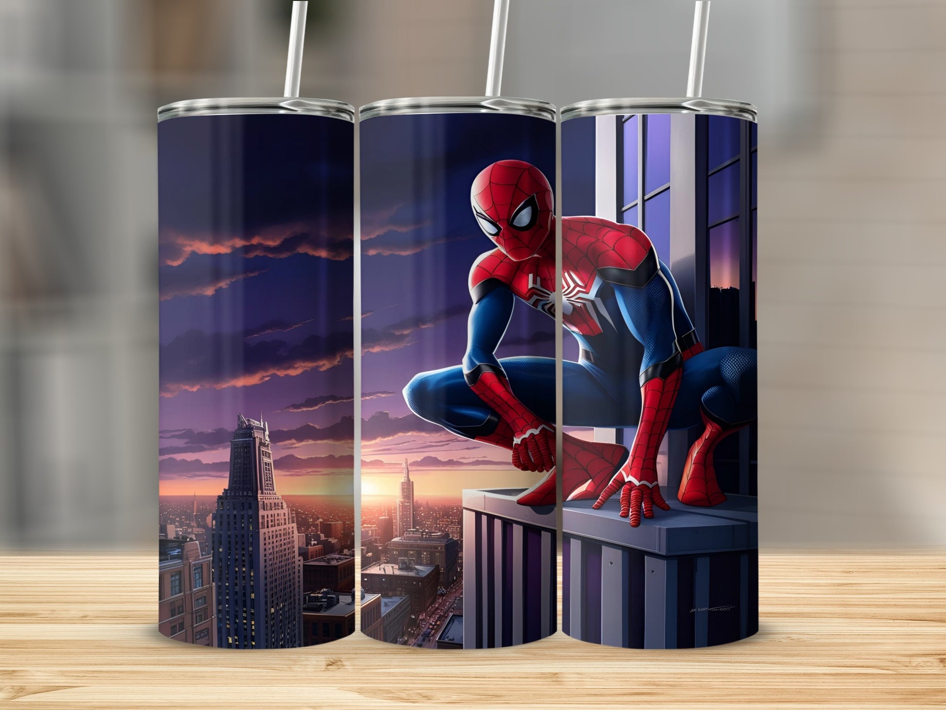 Spiderman crouching on a skyscraper ledge at sunset.