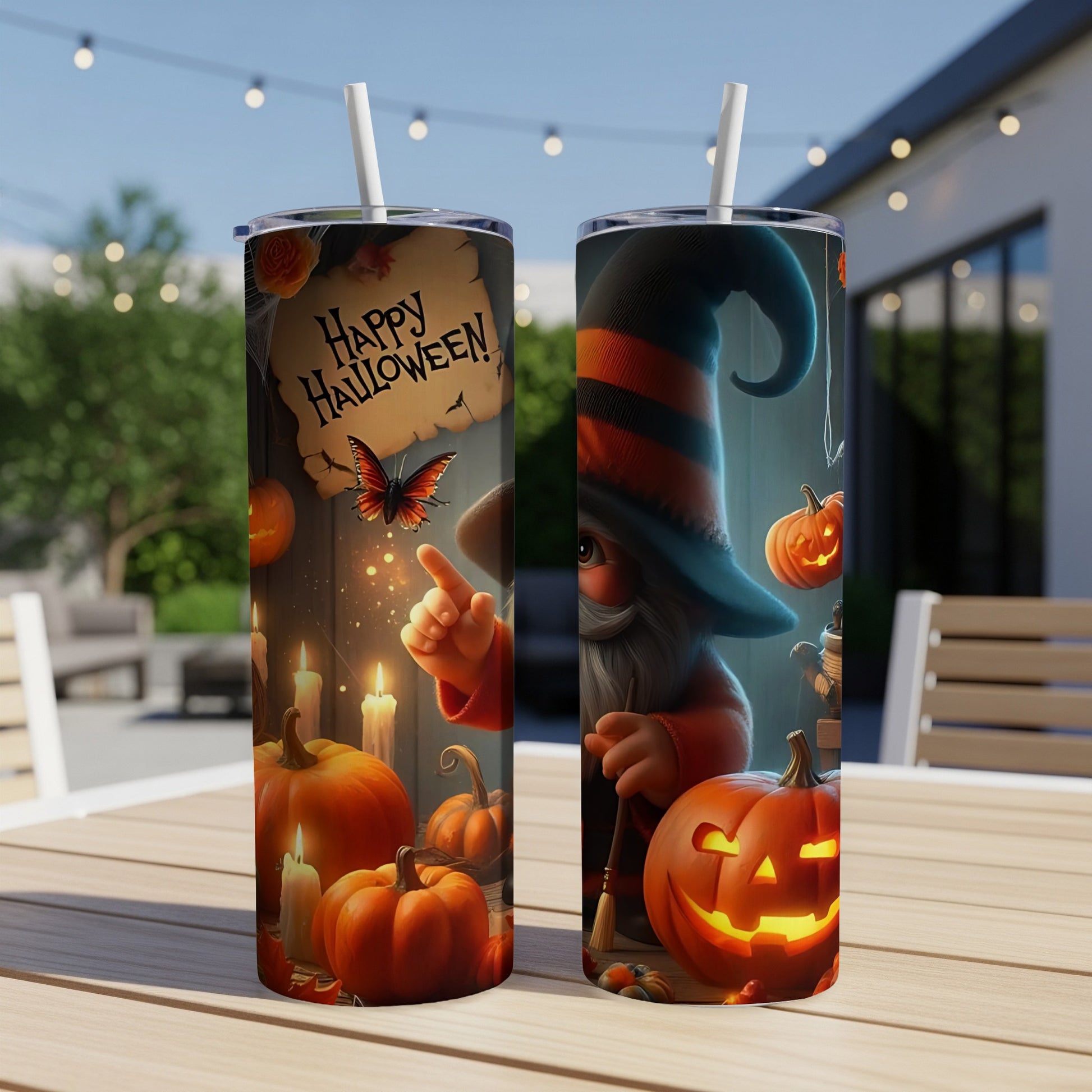Halloween tumblers featuring a gnome, pumpkins, candles, and "Happy Halloween!" text.