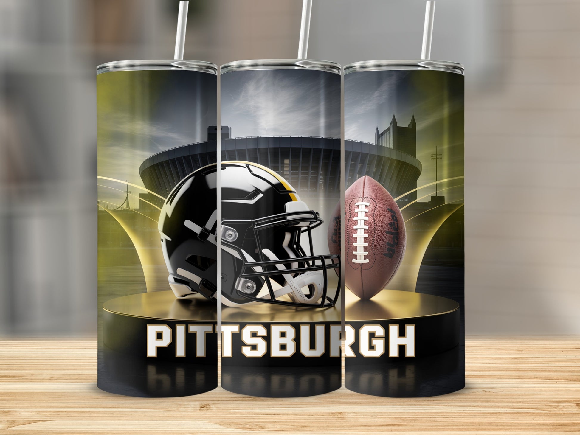 Pittsburgh Steelers helmet and football on podium with stadium background.