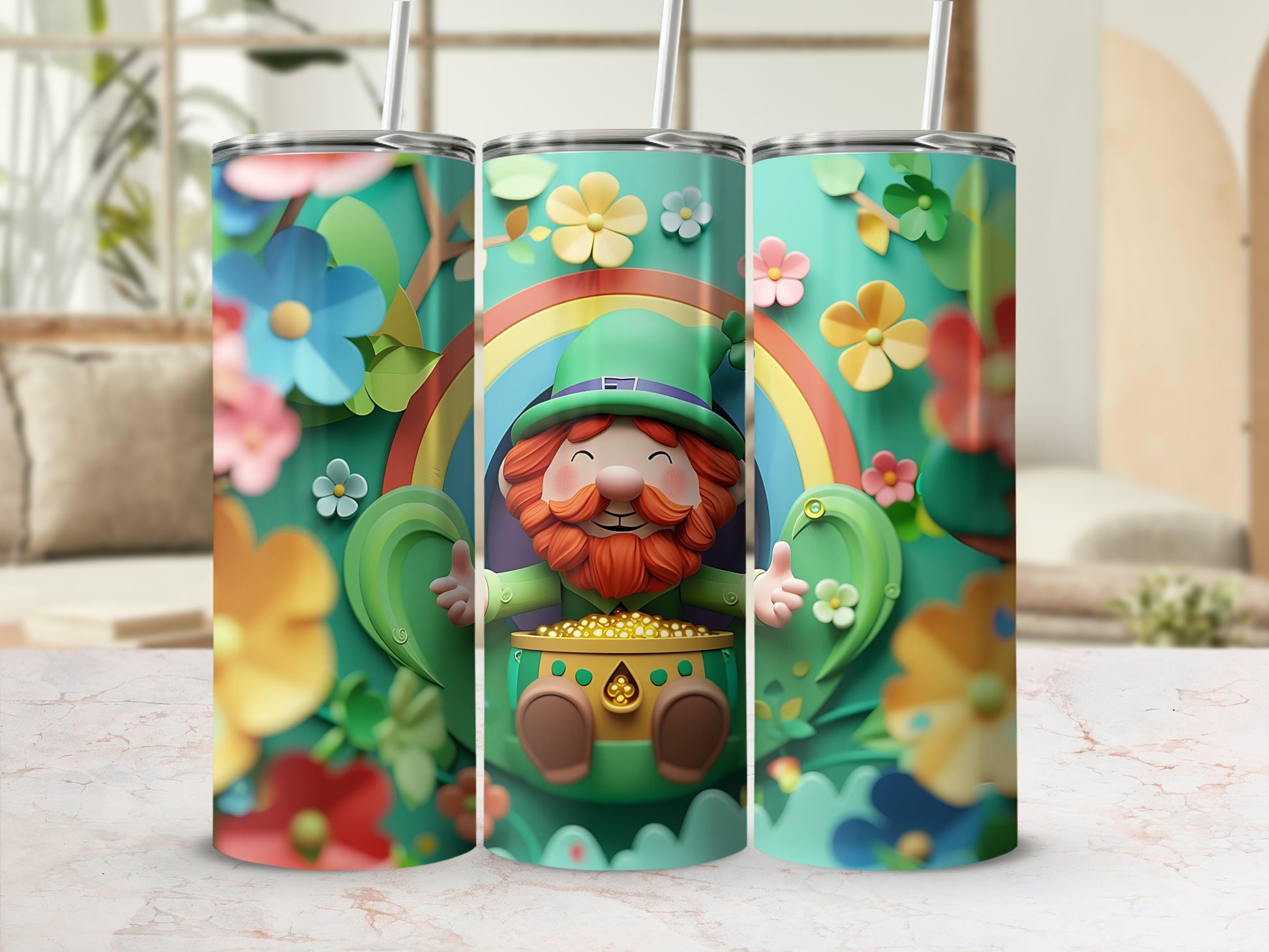 Leprechaun with pot of gold and rainbow, surrounded by flowers.