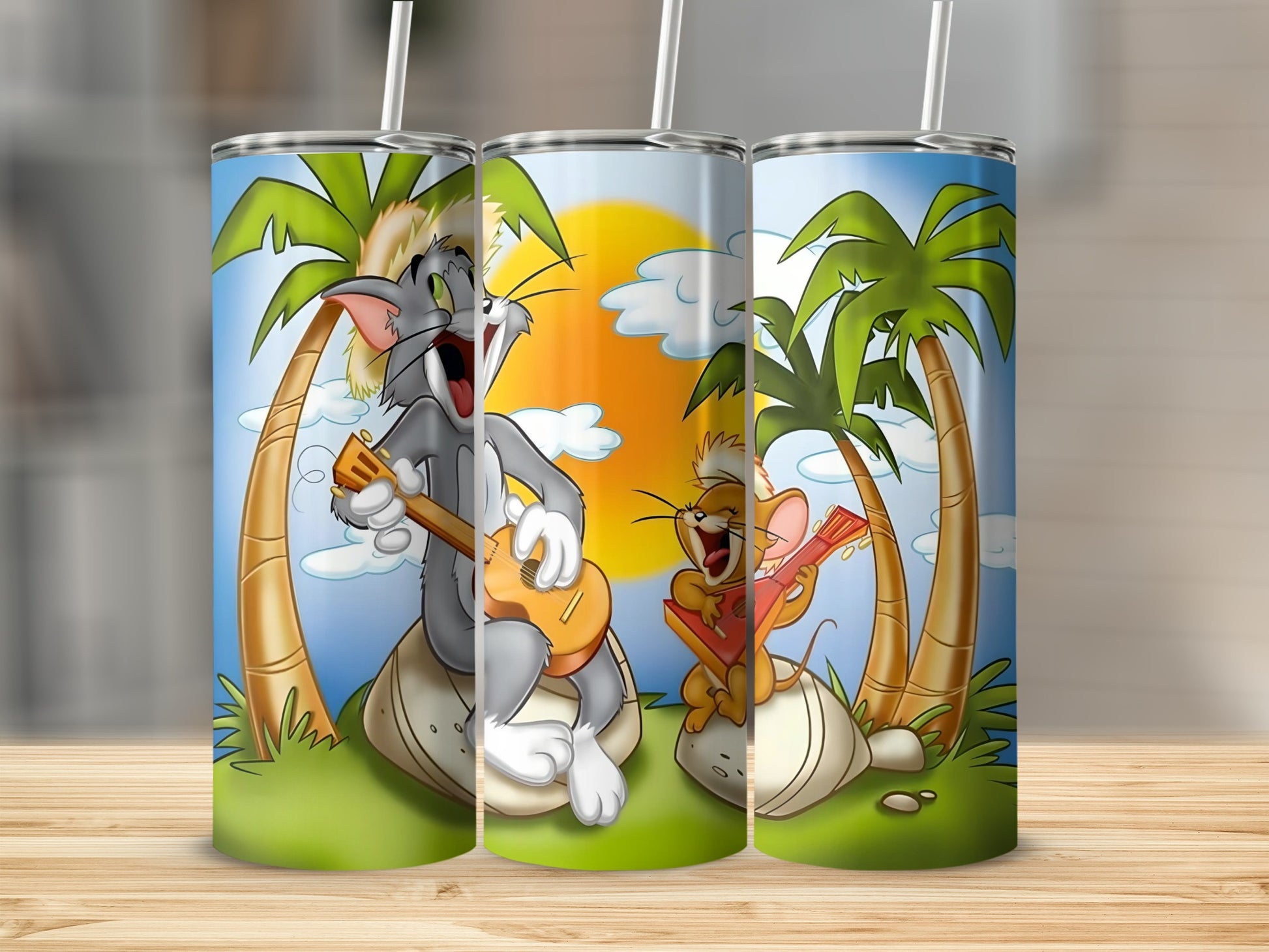 Colorful Cartoon Character Tumbler with Tropical Scene