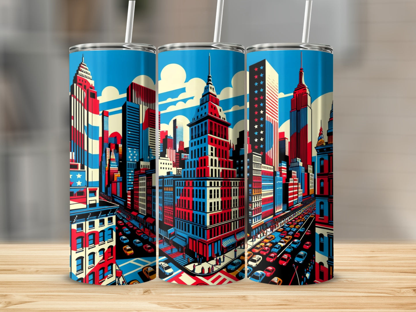New York City skyline with American flag colors on tumblers.