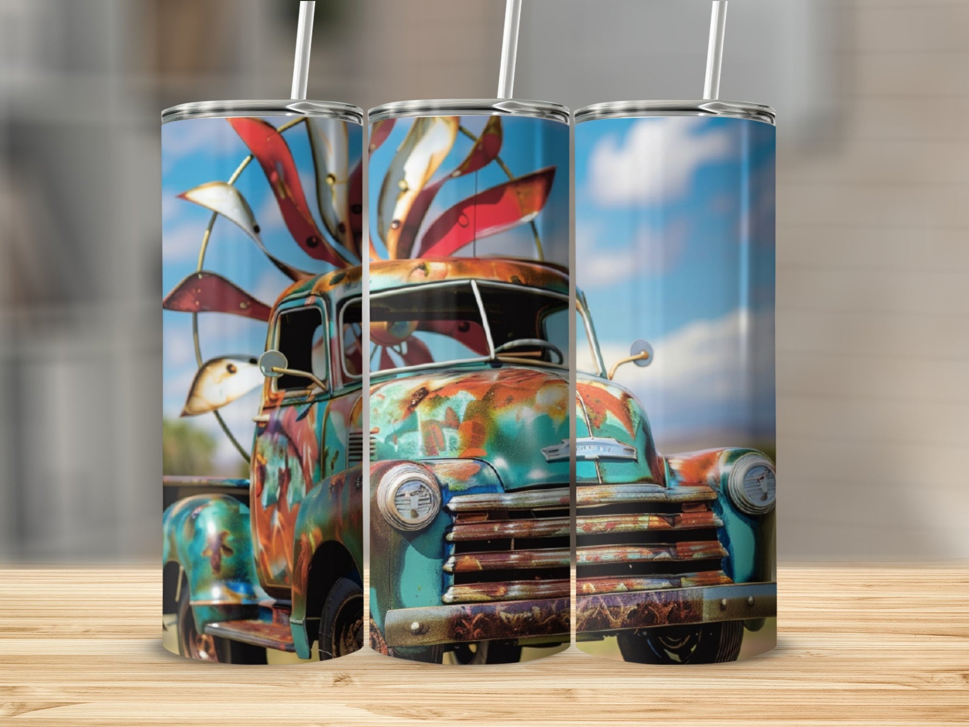 Rusty vintage truck with colorful pinwheel in a sunny outdoor scene.