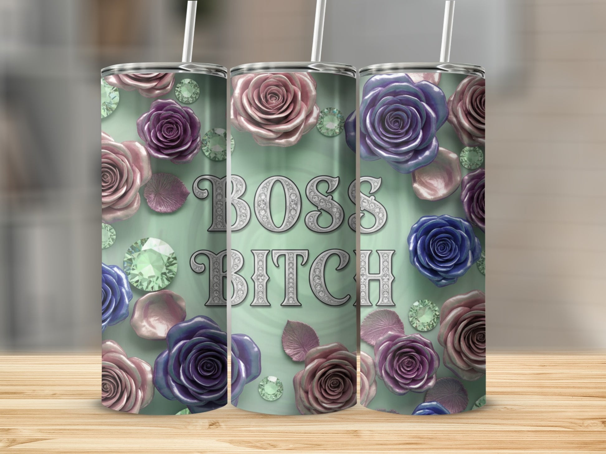 Boss Bitch Floral Rose Design Tumbler Set