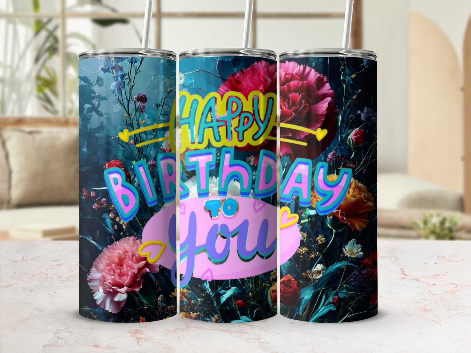Happy Birthday to You tumbler with floral background.