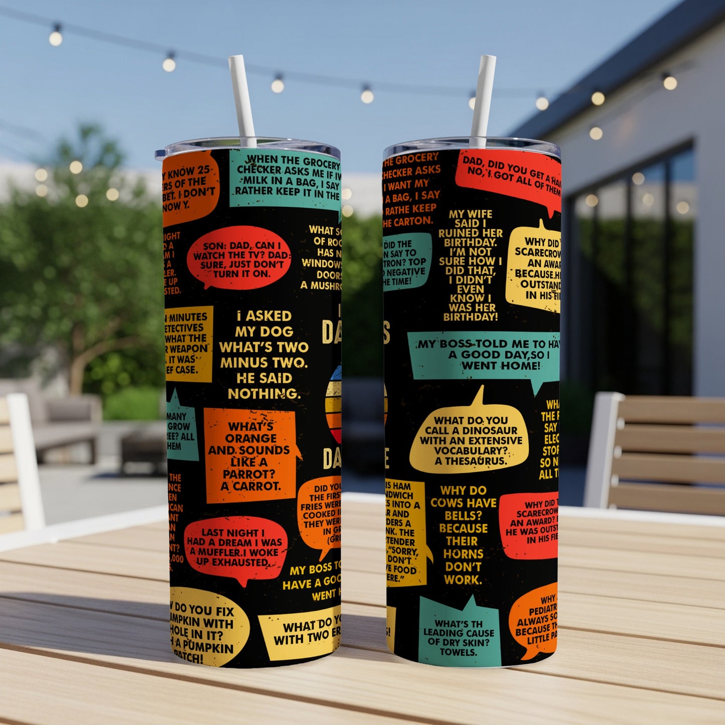 Black tumbler with speech bubbles containing various jokes and sayings.