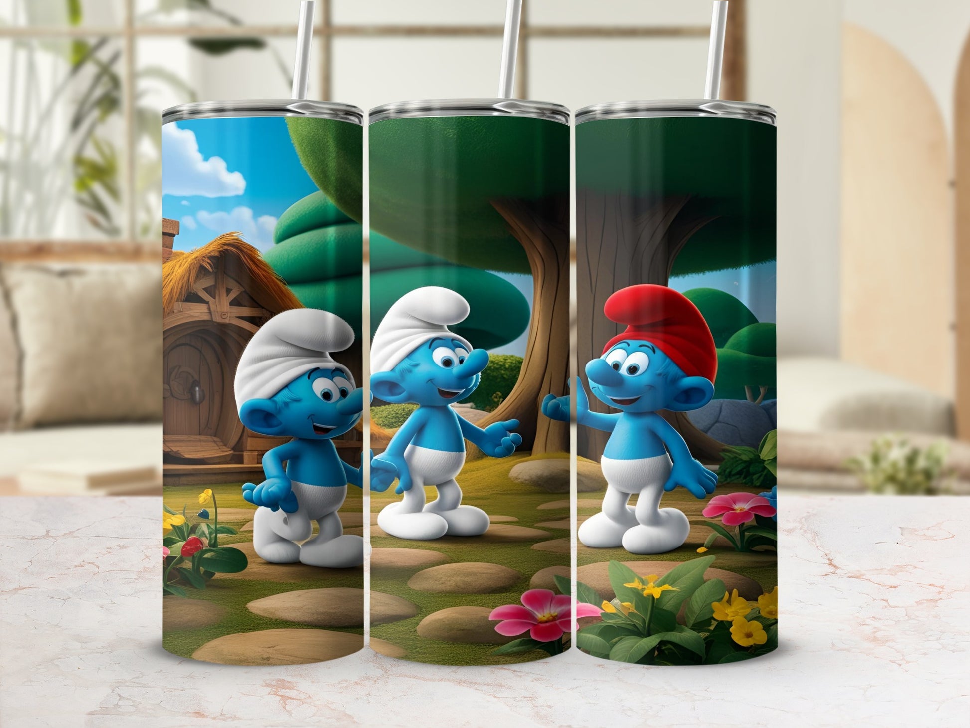 Three Smurfs stand on a path with a Smurf house and forest background.
